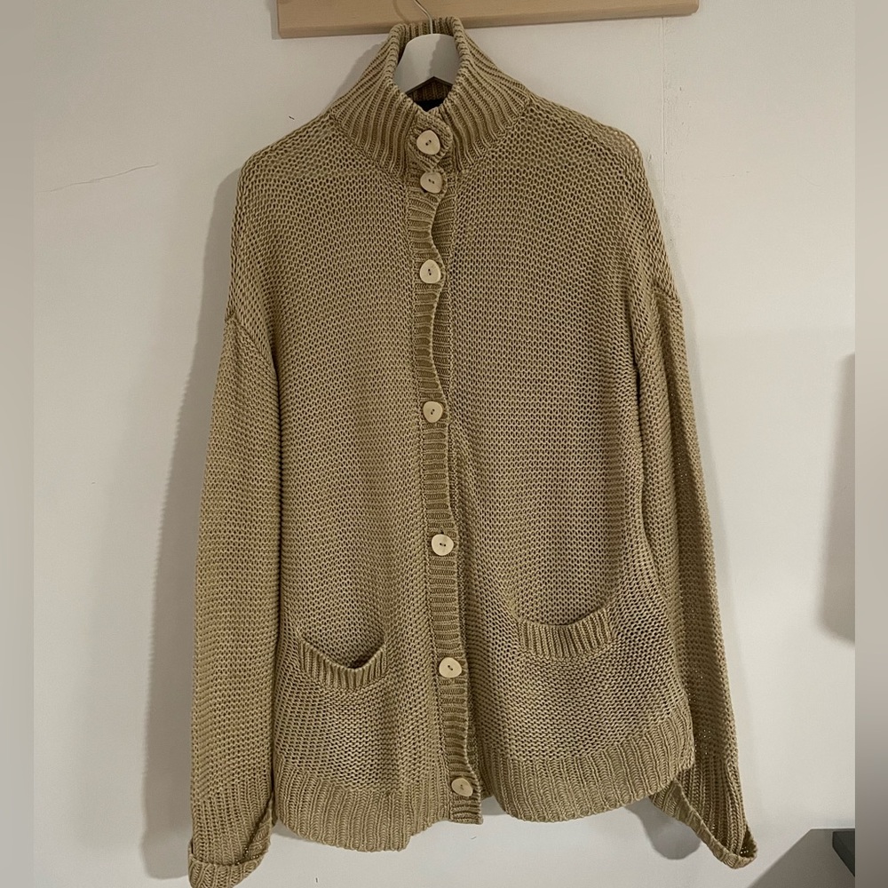 Vintage Ralph Lauren Chunky Sweater Cardigan 100% Linen with Stone Buttons Large